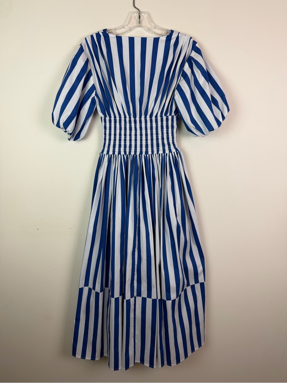 AYR The Extra Extra Puff Sleeve Midi Dress in Marais Blue Regatta Stripe XS - Picture 13 of 16